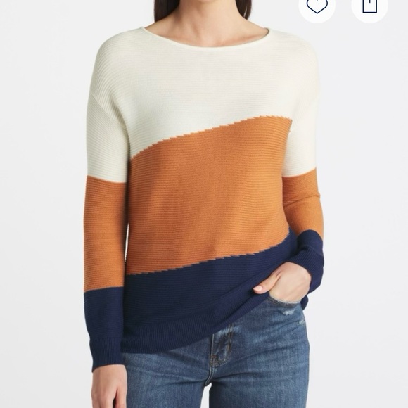 Evolution By Cyrus Sweaters - Cream and Orange Crew Neck Colorblock Sweater